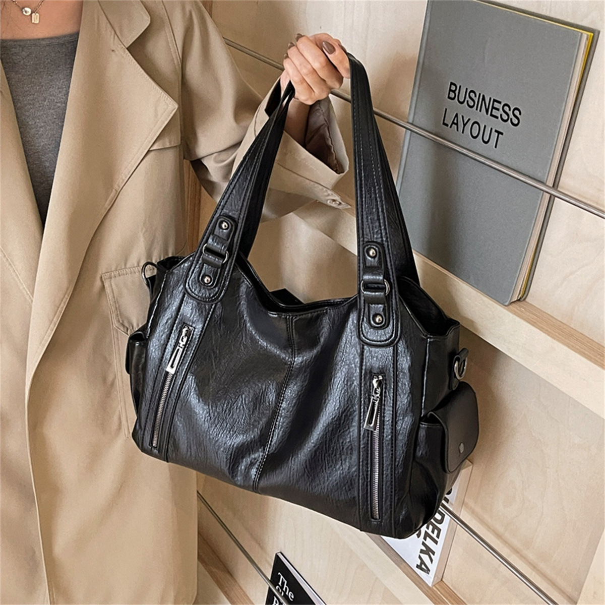 Women's Bag Pu Leather Shoulder Crossbody Bag Large Capacity Tote Bag Women's Work Commuter Handbag - Image 3