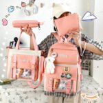 Four-Piece Student Bag Female Primary School Junior High School Student High School Backpack College Student Canvas Contrast Backpack Male Trendy - Image 2