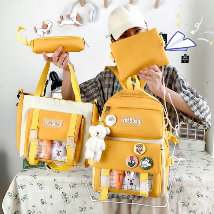 Four-Piece Student Bag Female Primary School Junior High School Student High School Backpack College Student Canvas Contrast Backpack Male Trendy - Image 4