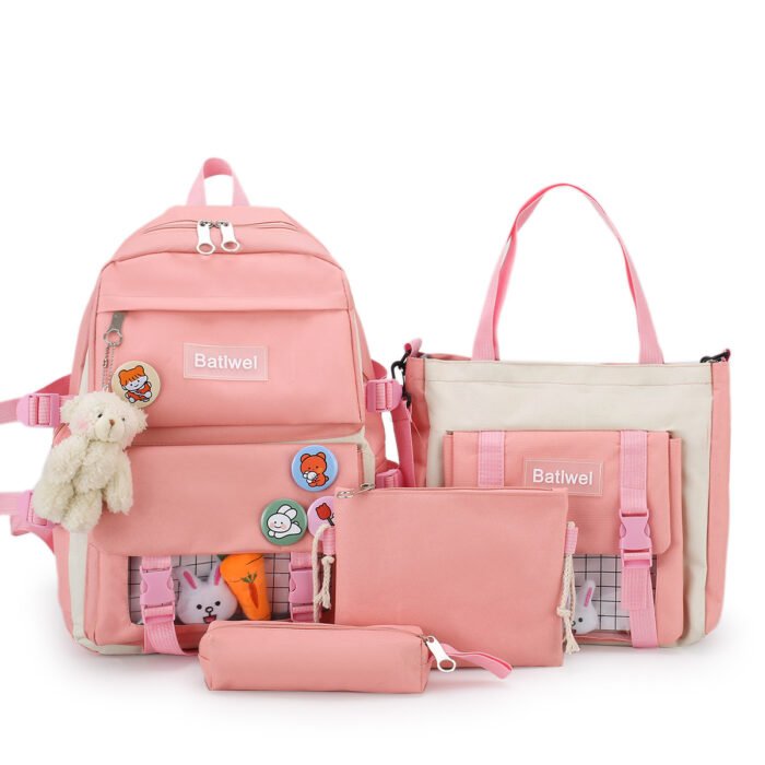 Four-Piece Student Bag Female Primary School Junior High School Student High School Backpack College Student Canvas Contrast Backpack Male Trendy - Image 5