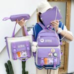 Four-Piece Student Bag Female Primary School Junior High School Student High School Backpack College Student Canvas Contrast Backpack Male Trendy