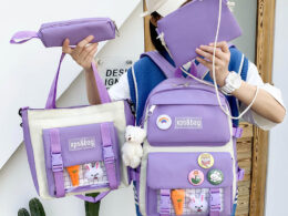 Four-Piece Student Bag Female Primary School Junior High School Student High School Backpack College Student Canvas Contrast Backpack Male Trendy