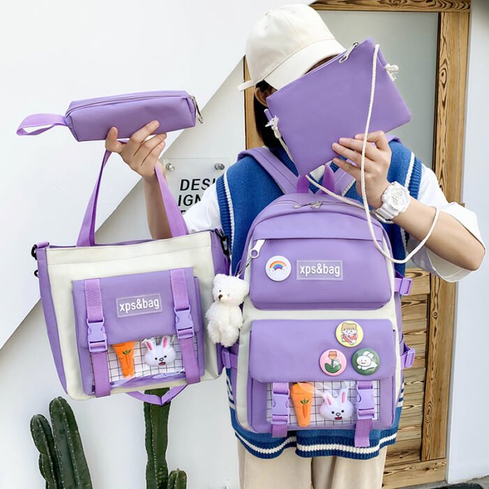 O1CN01vvBklb1FVNd6Cczvg_2214183120492-0-cib.jpg Four-Piece Student Bag Female Primary School Junior High School Student High School Backpack College Student Canvas Contrast Backpack Male Trendy - Image 1
