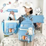 Four-Piece Student Bag Female Primary School Junior High School Student High School Backpack College Student Canvas Contrast Backpack Male Trendy - Image 3
