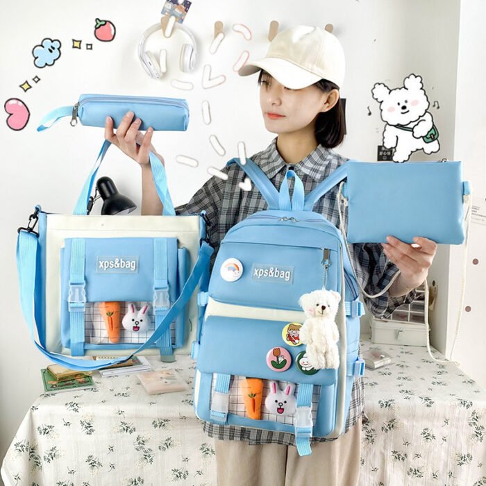 Four-Piece Student Bag Female Primary School Junior High School Student High School Backpack College Student Canvas Contrast Backpack Male Trendy - Image 3
