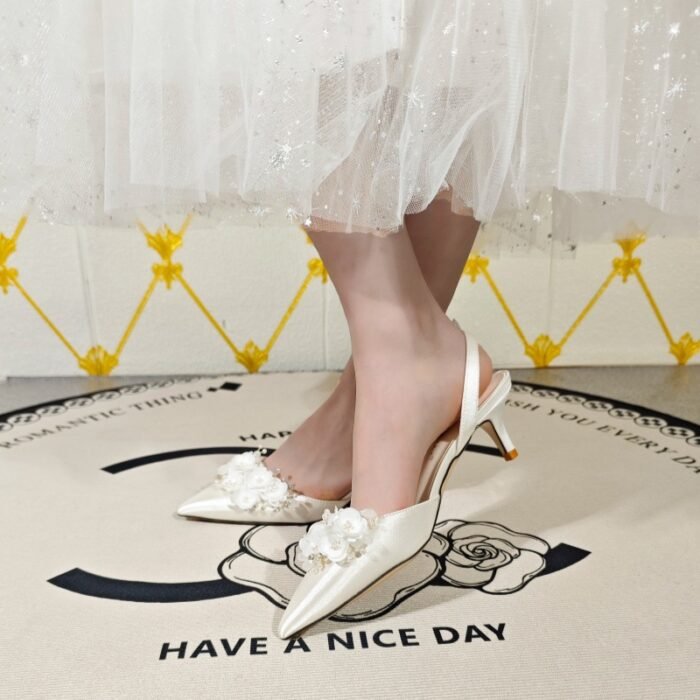 2026 Spring/Summer New Shallow High Heels French White Satin Wedding Shoes Sweet Floral Fairy Style Open Back Pumps - Image 4