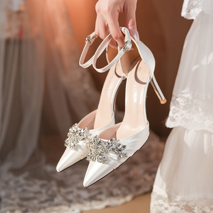 French High Heels Women's 2025 Silver White Rhinestone Stiletto Elegant Ladies Wedding Shoes Bridal Shoes Not Tired Feet - Image 1