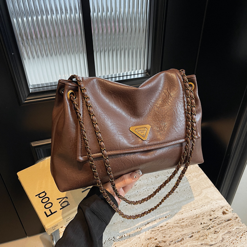 Coffee color Autumn and Winter Retro Large-Capacity Bag for Women 2024 New Fashion Versatile Chain Shoulder Crossbody Bag Handheld Tote Bag - Image 2