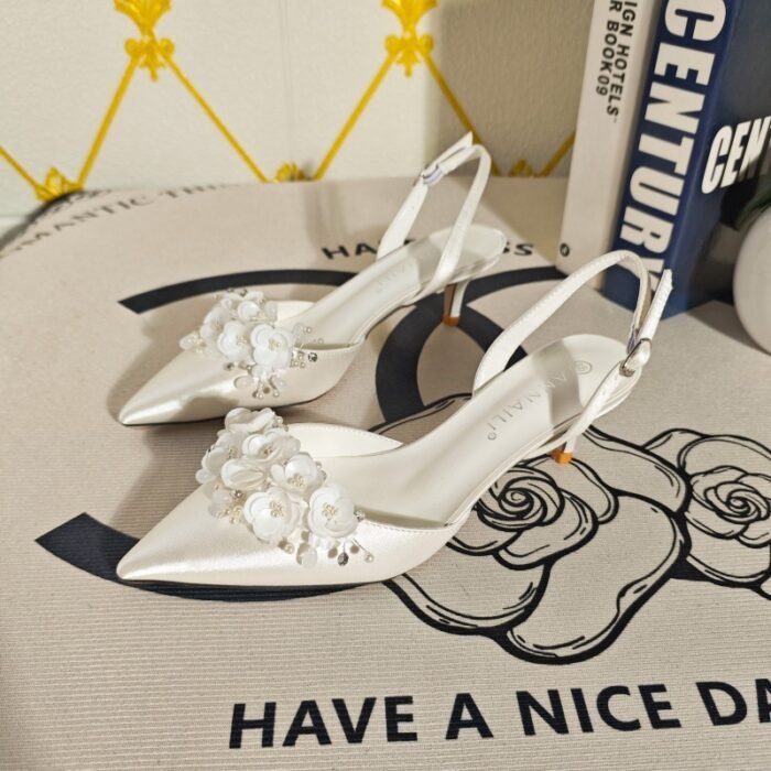 2026 Spring/Summer New Shallow High Heels French White Satin Wedding Shoes Sweet Floral Fairy Style Open Back Pumps - Image 2