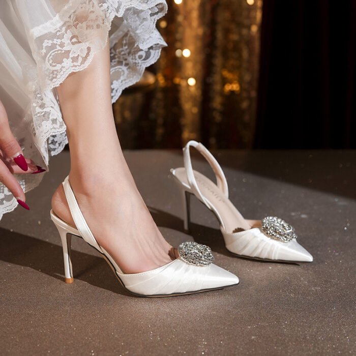 O1CN019xzqHt1nzKkpQ0EI6_4256635160-0-cib.jpg French Pointed Toe Rhinestone Flower High Heel Sandals Satin Stiletto Toe Women's Shoes 2025 New Fairy Wedding Shoes Versatile - Image 1