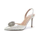 French Pointed Toe Rhinestone Flower High Heel Sandals Satin Stiletto Toe Women's Shoes 2025 New Fairy Wedding Shoes Versatile - Image 5