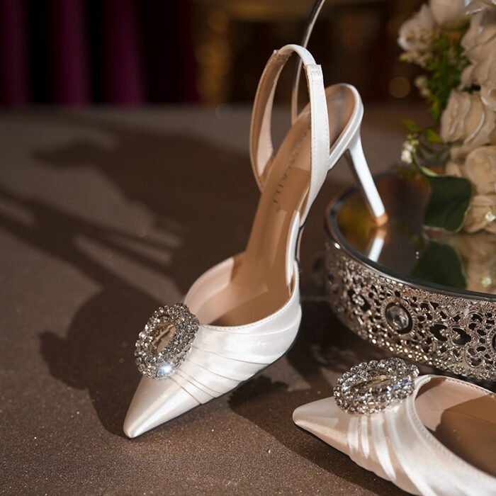 French Pointed Toe Rhinestone Flower High Heel Sandals Satin Stiletto Toe Women's Shoes 2025 New Fairy Wedding Shoes Versatile - Image 4