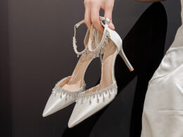 White Main Wedding Dress, Satin One-Strap Women's Summer Fashion Tassel Chain High Heels, Black Elegant Hollow Sandals