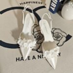2026 Spring/Summer New Shallow High Heels French White Satin Wedding Shoes Sweet Floral Fairy Style Open Back Pumps