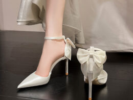 2023 New Style Satin White Wedding Shoes with Sweet Bow Bridal Shoes Large Size High Heels 42 43