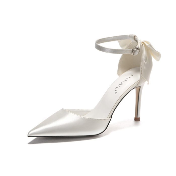 2023 New Style Satin White Wedding Shoes with Sweet Bow Bridal Shoes Large Size High Heels 42 43 - Image 5