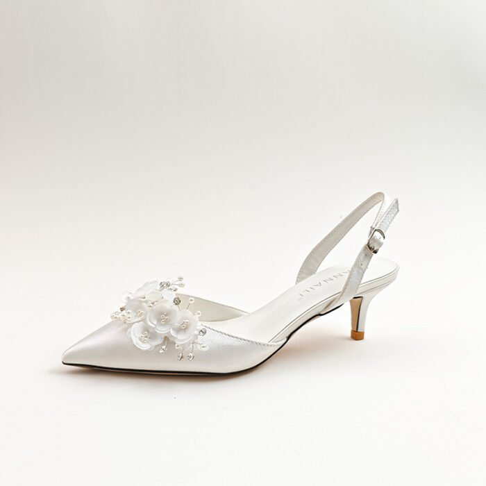 2026 Spring/Summer New Shallow High Heels French White Satin Wedding Shoes Sweet Floral Fairy Style Open Back Pumps - Image 5