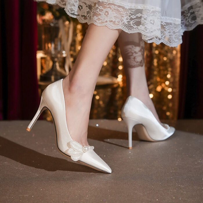 Niche design high-end pearl French wedding shoes wedding dress satin shoes plus size high heels 41-43 - Image 3