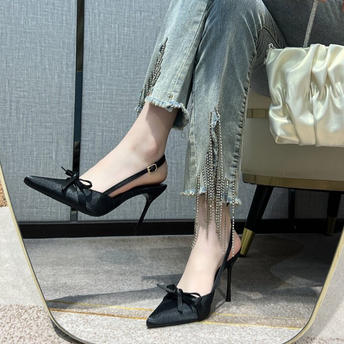 French Satin Bow Bridal Design Niche Wedding Dress High Heel Wedding Shoes Hollow Toe All-match Sandals for Women - Image 3