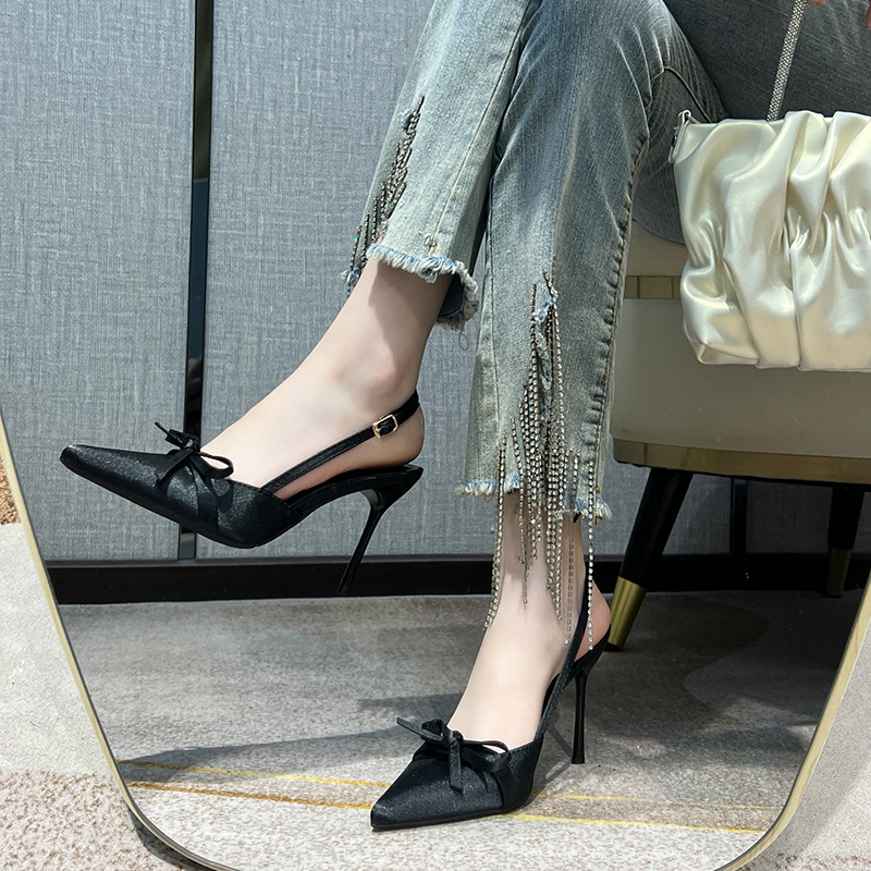 French Satin Bow Bridal Design Niche Wedding Dress High Heel Wedding Shoes Hollow Toe All-match Sandals for Women - Image 3