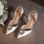 French Pointed Toe Rhinestone Flower High Heel Sandals Satin Stiletto Toe Women's Shoes 2025 New Fairy Wedding Shoes Versatile - Image 3