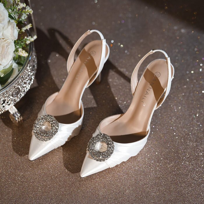 French Pointed Toe Rhinestone Flower High Heel Sandals Satin Stiletto Toe Women's Shoes 2025 New Fairy Wedding Shoes Versatile - Image 3