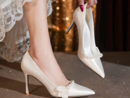 Niche design high-end pearl French wedding shoes wedding dress satin shoes plus size high heels 41-43