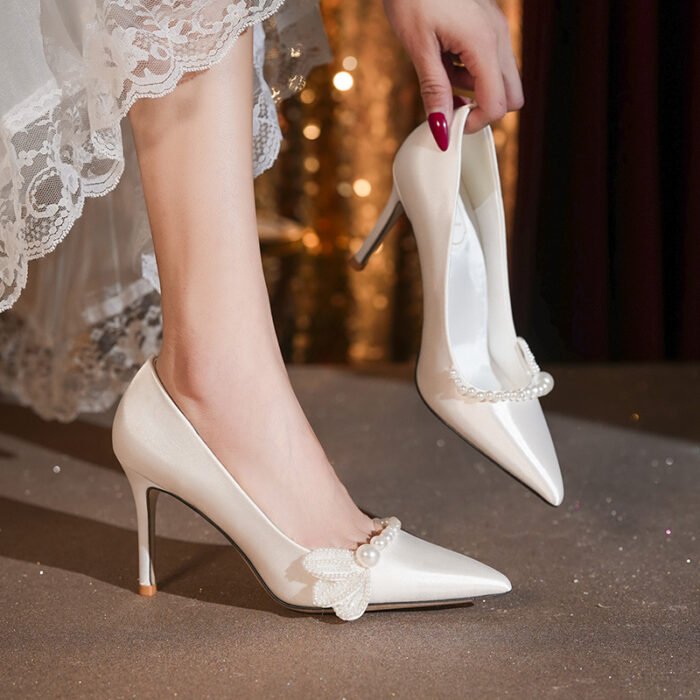 Niche design high-end pearl French wedding shoes wedding dress satin shoes plus size high heels 41-43 - Image 1