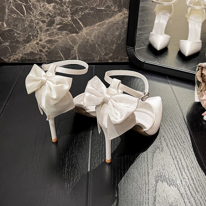 2023 New Style Satin White Wedding Shoes with Sweet Bow Bridal Shoes Large Size High Heels 42 43 - Image 4