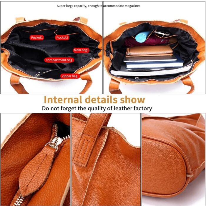 Genuine Leather Large Capacity Tote Bag – First-Layer Cowhide Shoulder & Commuter Bag for Women - Image 4