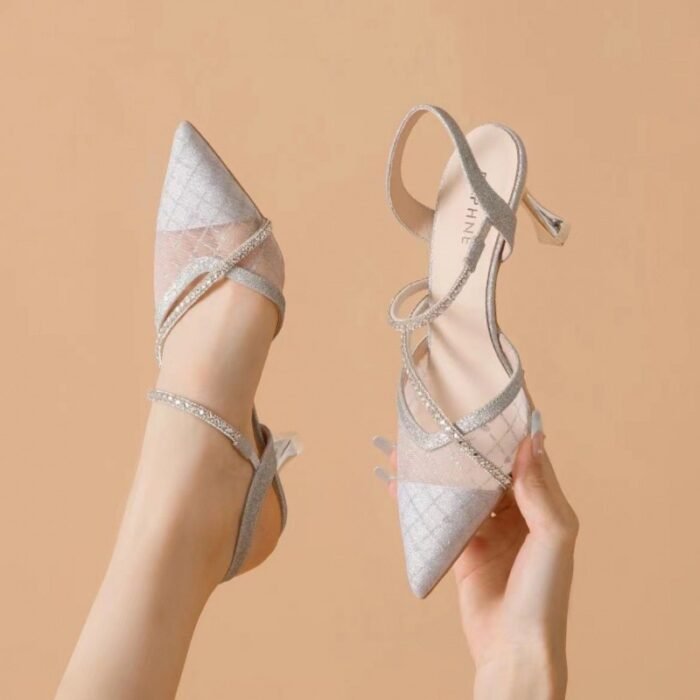 Women's High-Heeled Rhinestone Sandals – Pointed Toe, Shallow Mesh Stiletto, Summer Fashionable Versatile Shoes - Image 2