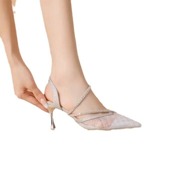 Women's High-Heeled Rhinestone Sandals – Pointed Toe, Shallow Mesh Stiletto, Summer Fashionable Versatile Shoes - Image 5