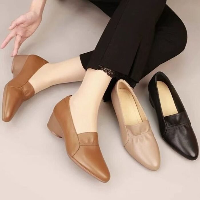 Soft Leather Women's Black Wedge Shoes – Thick & Middle Heel, Pointed Toe, Shallow Mouth, Moms Shoe - Image 2