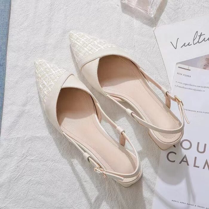 Tweed Style Baotou Thick Heel Flats Women's Pointed Toe Spring New Back Hollow High Heels Fairy Versatile Sandals - Image 1