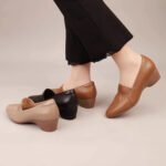 Soft Leather Women's Black Wedge Shoes – Thick & Middle Heel, Pointed Toe, Shallow Mouth, Moms Shoe