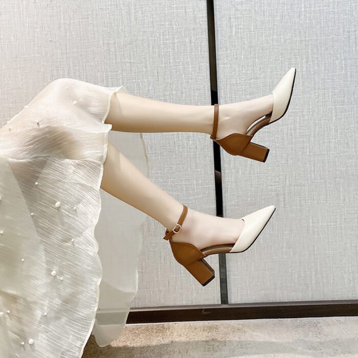 Color-Blocked Fashion Sandals for Women New Spring and Autumn Versatile Mid-Heel Chunky Heel Pointed Toe Hollow High Heels - Image 1