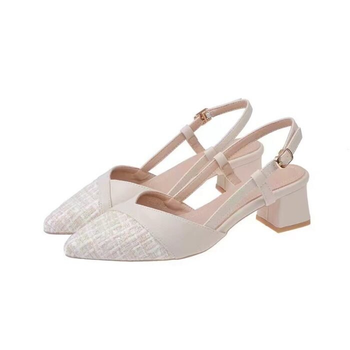 Tweed Style Baotou Thick Heel Flats Women's Pointed Toe Spring New Back Hollow High Heels Fairy Versatile Sandals - Image 4