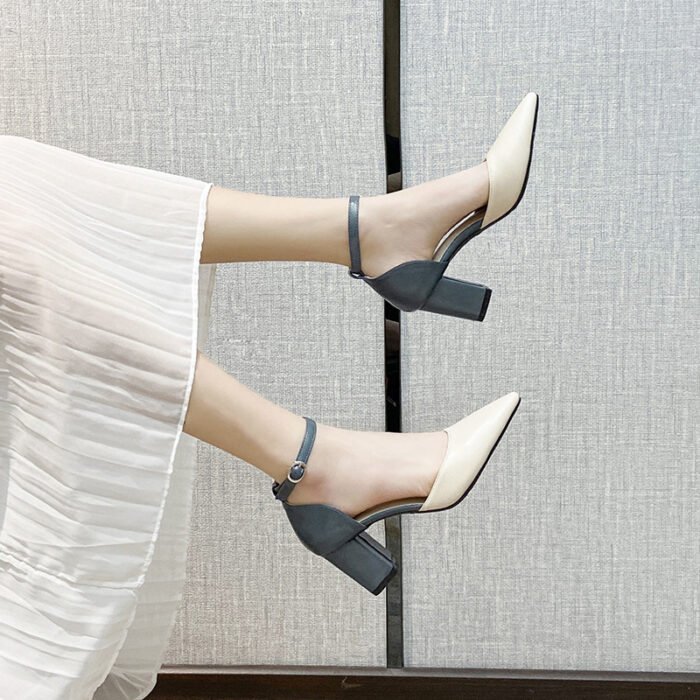 Color-Blocked Fashion Sandals for Women New Spring and Autumn Versatile Mid-Heel Chunky Heel Pointed Toe Hollow High Heels - Image 4