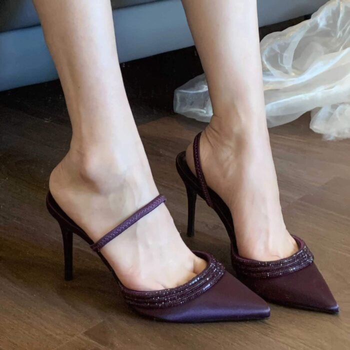 Autumn New Style Pointed Toe Purple Stiletto High Heels Shallow Mouth Rhinestone Strap Satin Sandals Half Drag Sandals for Women - Image 2