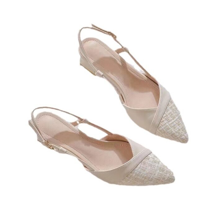 Tweed Style Baotou Thick Heel Flats Women's Pointed Toe Spring New Back Hollow High Heels Fairy Versatile Sandals - Image 5
