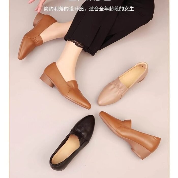 Soft Leather Women's Black Wedge Shoes – Thick & Middle Heel, Pointed Toe, Shallow Mouth, Moms Shoe - Image 4