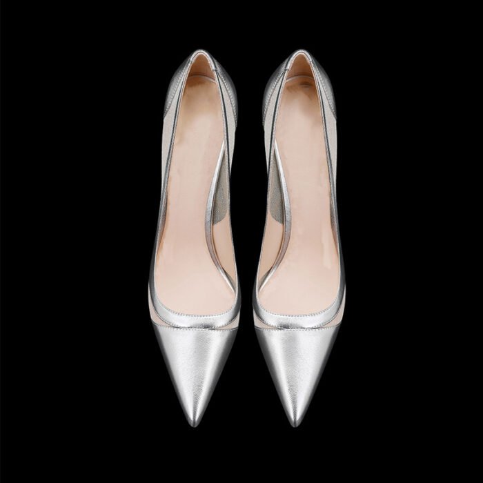 Spliced Mesh Silver High Heels Women's Pointed Toe Shallow Mouth Elegant Stiletto Shoes - Image 4