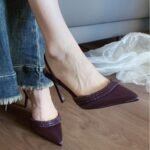 Autumn New Style Pointed Toe Purple Stiletto High Heels Shallow Mouth Rhinestone Strap Satin Sandals Half Drag Sandals for Women