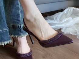 Autumn New Style Pointed Toe Purple Stiletto High Heels Shallow Mouth Rhinestone Strap Satin Sandals Half Drag Sandals for Women