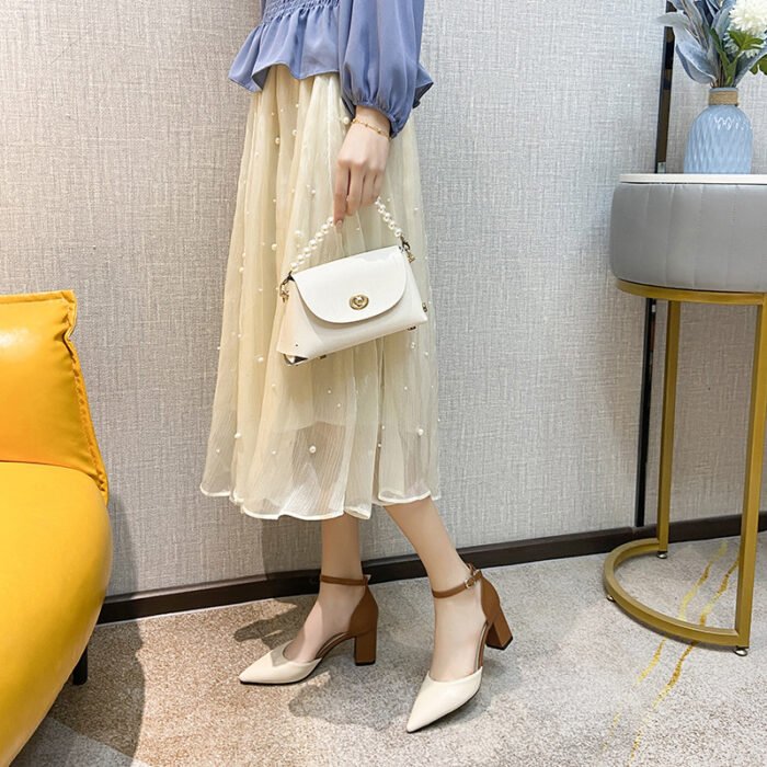 Color-Blocked Fashion Sandals for Women New Spring and Autumn Versatile Mid-Heel Chunky Heel Pointed Toe Hollow High Heels - Image 3