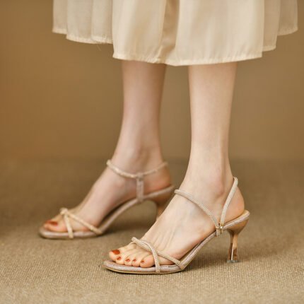 Sparkling Rhinestone Dress-Style Thin High-Heeled Square-Toe Women's Open-Toe Slip-On Sandals