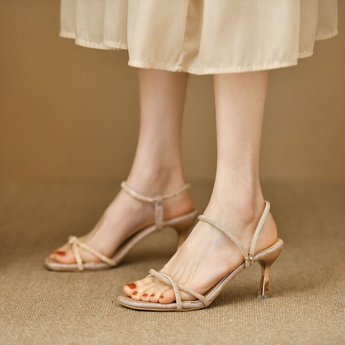 Sparkling Rhinestone Dress-Style Thin High-Heeled Square-Toe Women's Open-Toe Slip-On Sandals - Image 1